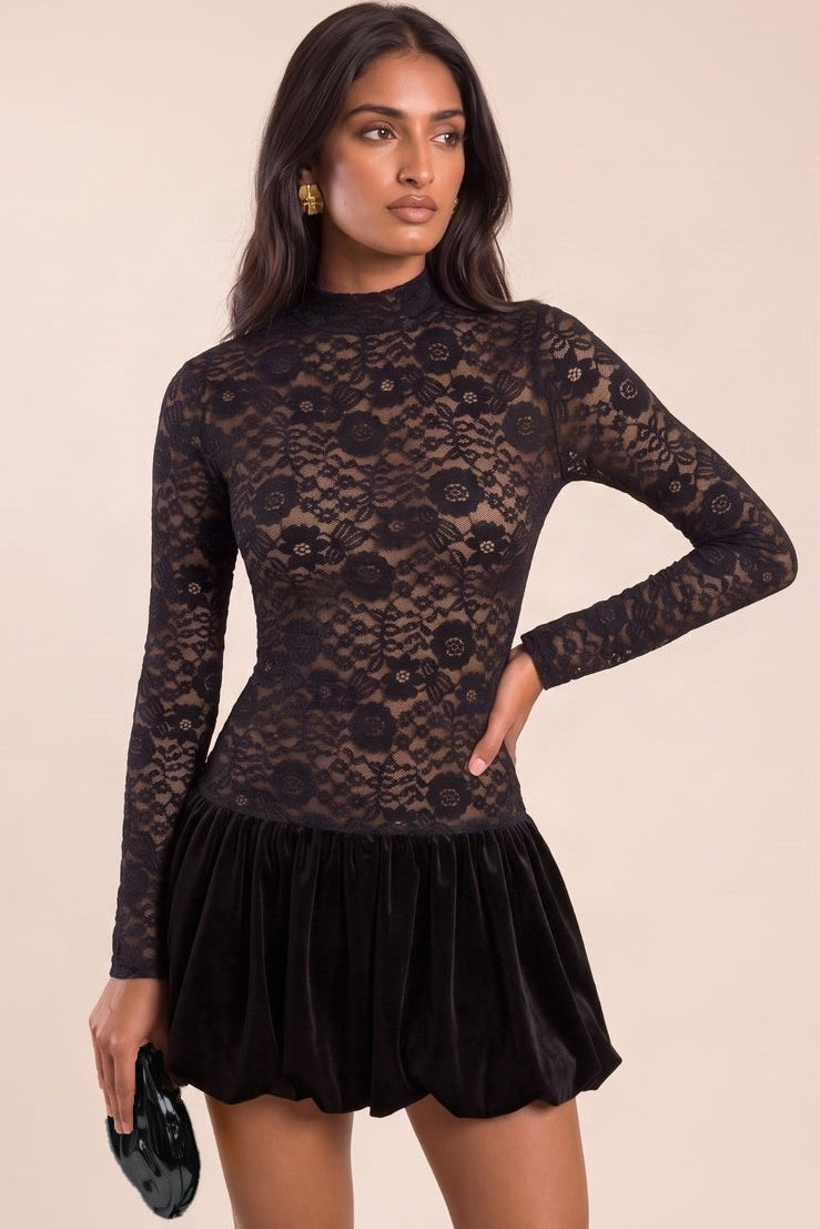 Black Velvet Lace Puffball Mini Dress - Siya