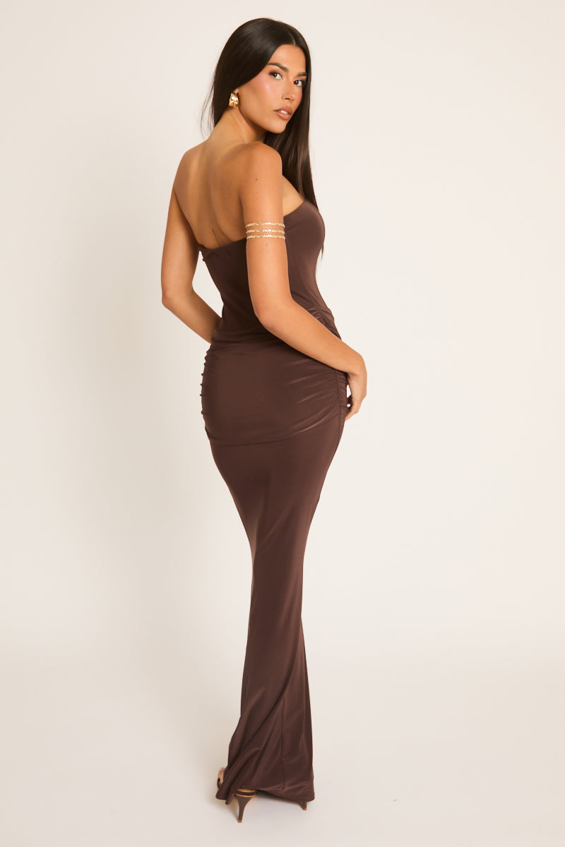 Chocolate Bandeau Drape Detail Maxi Dress - Zadie