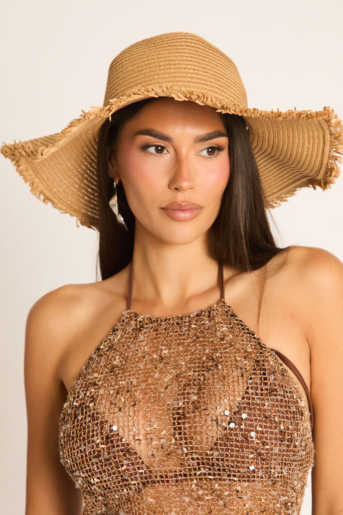 Beige Frayed Trim Straw Sun Hat - Drew