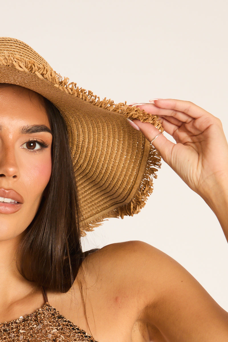 Beige Frayed Trim Straw Sun Hat - Drew