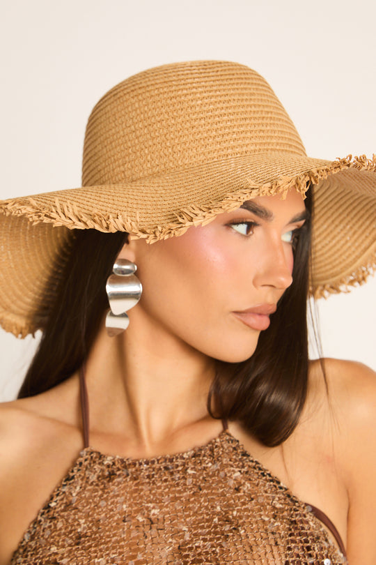 Beige Frayed Trim Straw Sun Hat - Drew