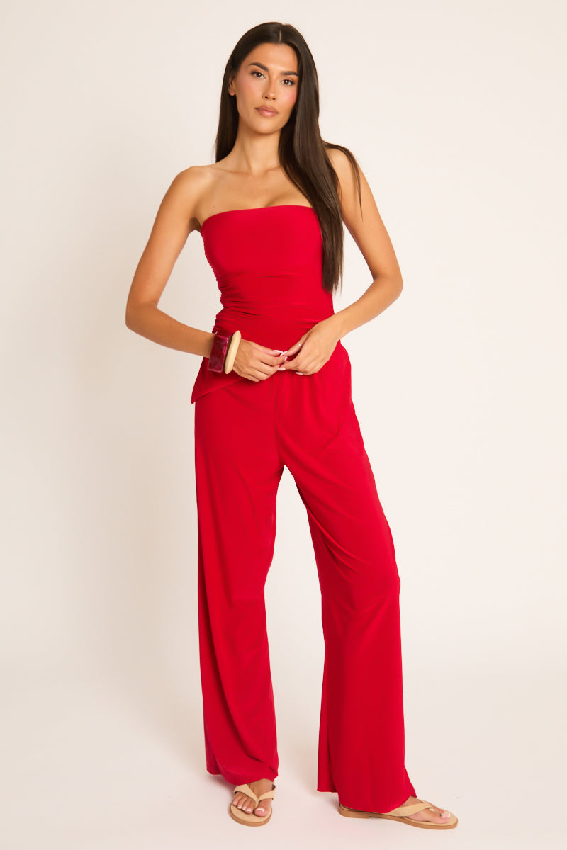 Red Bandeau Asymmetric Top and Wide Leg Trouser Co-ord Set - Keely