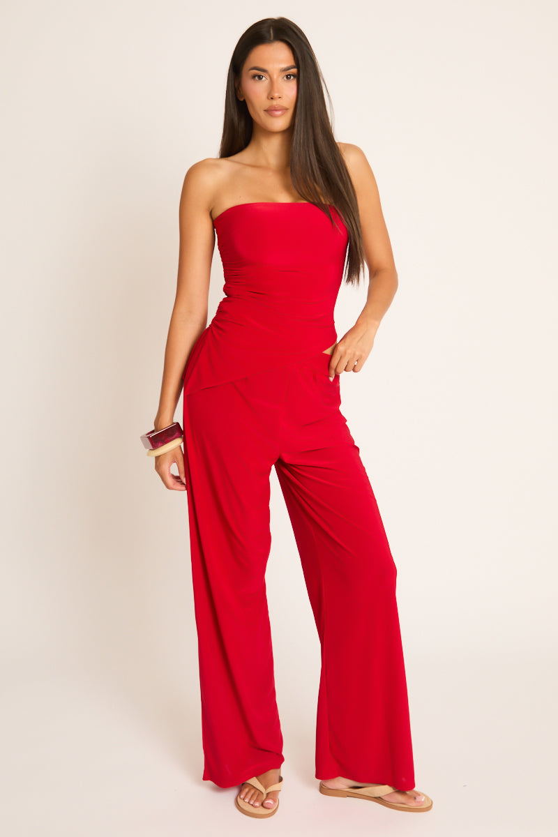 Red Bandeau Asymmetric Top and Wide Leg Trouser Co-ord Set - Keely