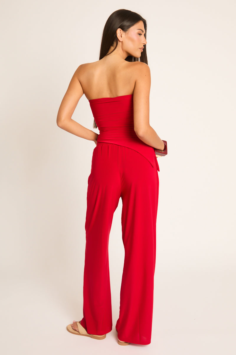 Red Bandeau Asymmetric Top and Wide Leg Trouser Co-ord Set - Keely