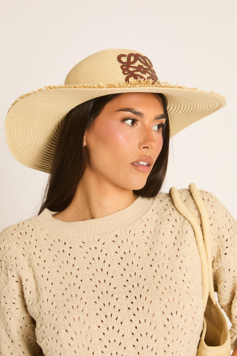 Beige Woven Straw Motif Sun Hat - Janet
