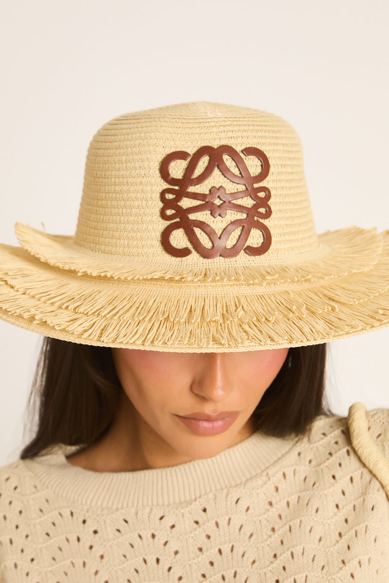 Beige Woven Straw Motif Sun Hat - Janet