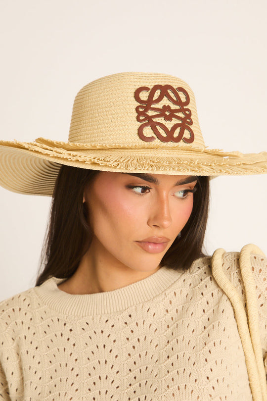 Beige Woven Straw Motif Sun Hat - Janet