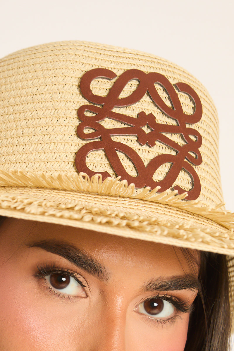Beige Woven Straw Motif Sun Hat - Janet