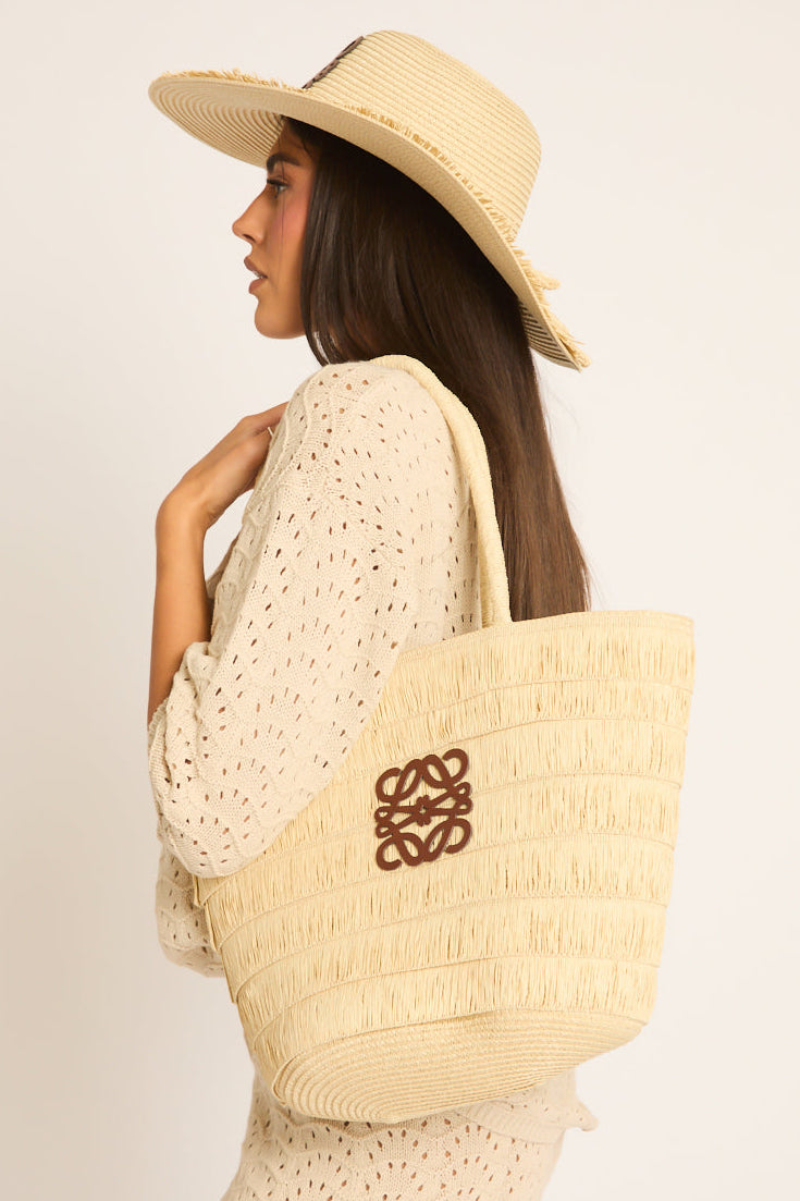 Beige Woven Straw Motif Tote Bag - Tayla