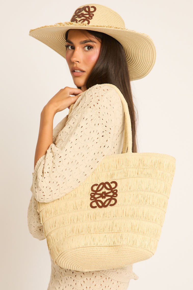 Beige Woven Straw Motif Tote Bag - Tayla