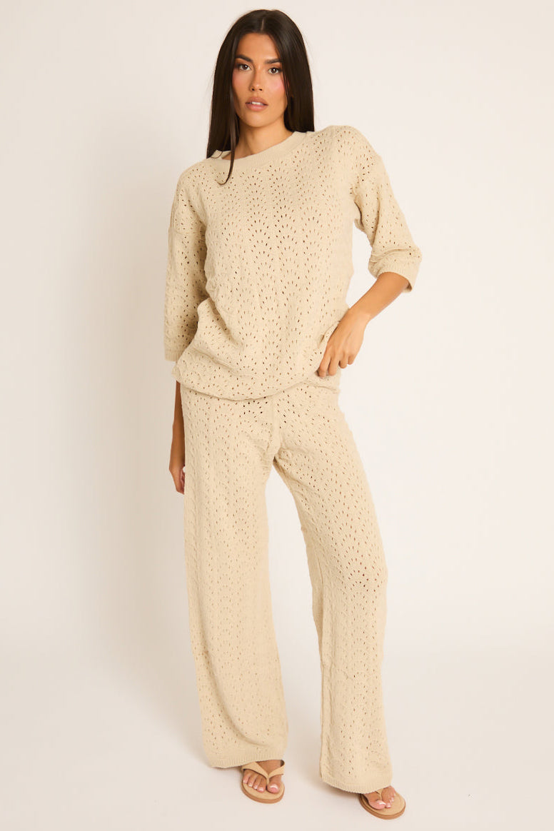 Beige Knit Short Sleeve Top and Wide Leg Trousers Co-ord Set - Lindsey