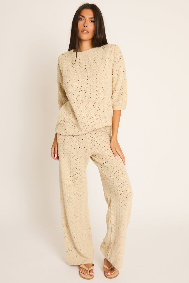 Beige Knit Short Sleeve Top and Wide Leg Trousers Co-ord Set - Lindsey