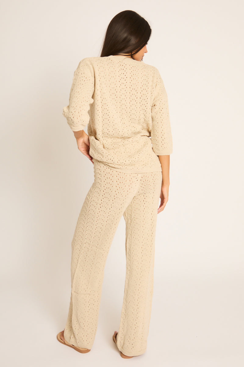 Beige Knit Short Sleeve Top and Wide Leg Trousers Co-ord Set - Lindsey