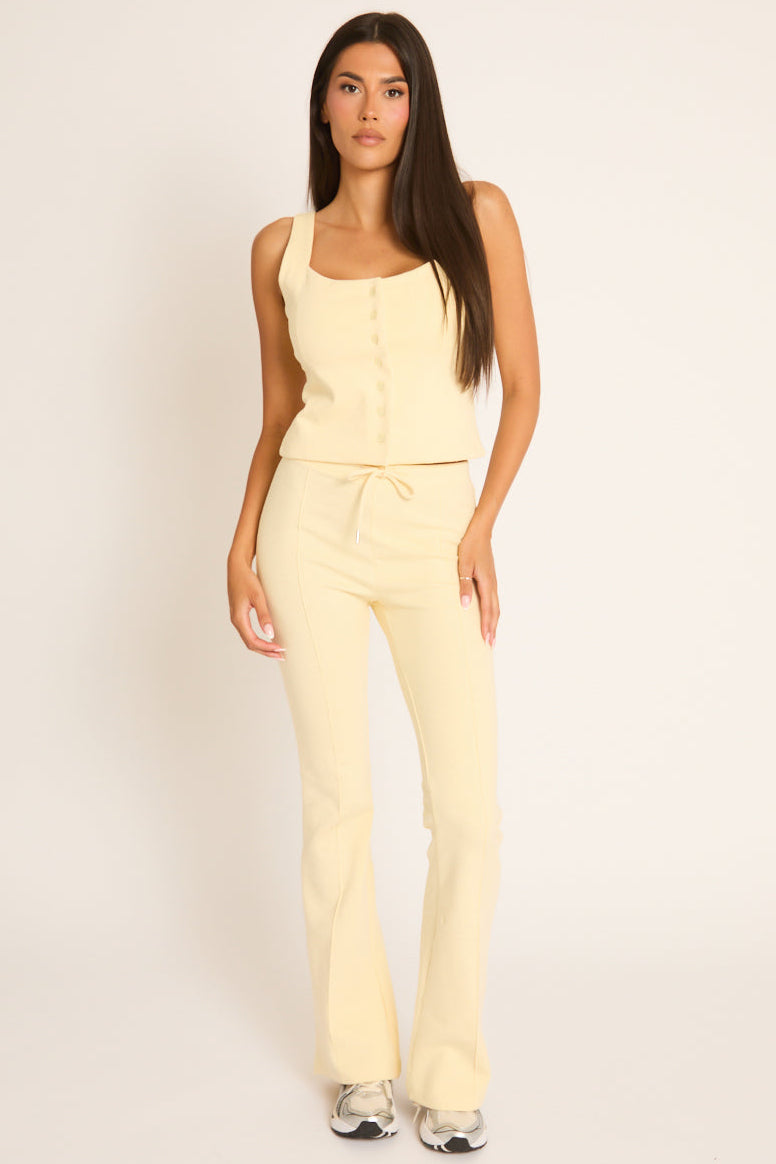 Butter Yellow Button Front Sleeveless Top and Flare Leg Joggers Loungewear Co-ord Set - Kellie