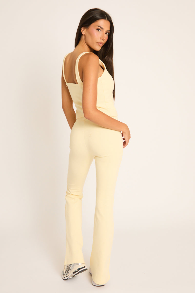 Butter Yellow Button Front Sleeveless Top and Flare Leg Joggers Loungewear Co-ord Set - Kellie