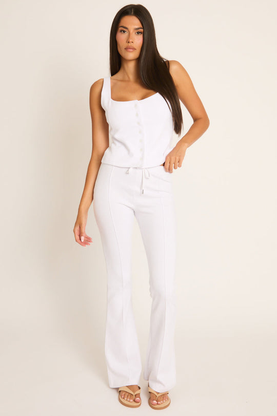 White Button Front Sleeveless Top and Flare Leg Joggers Loungewear Co-ord Set - Kellie