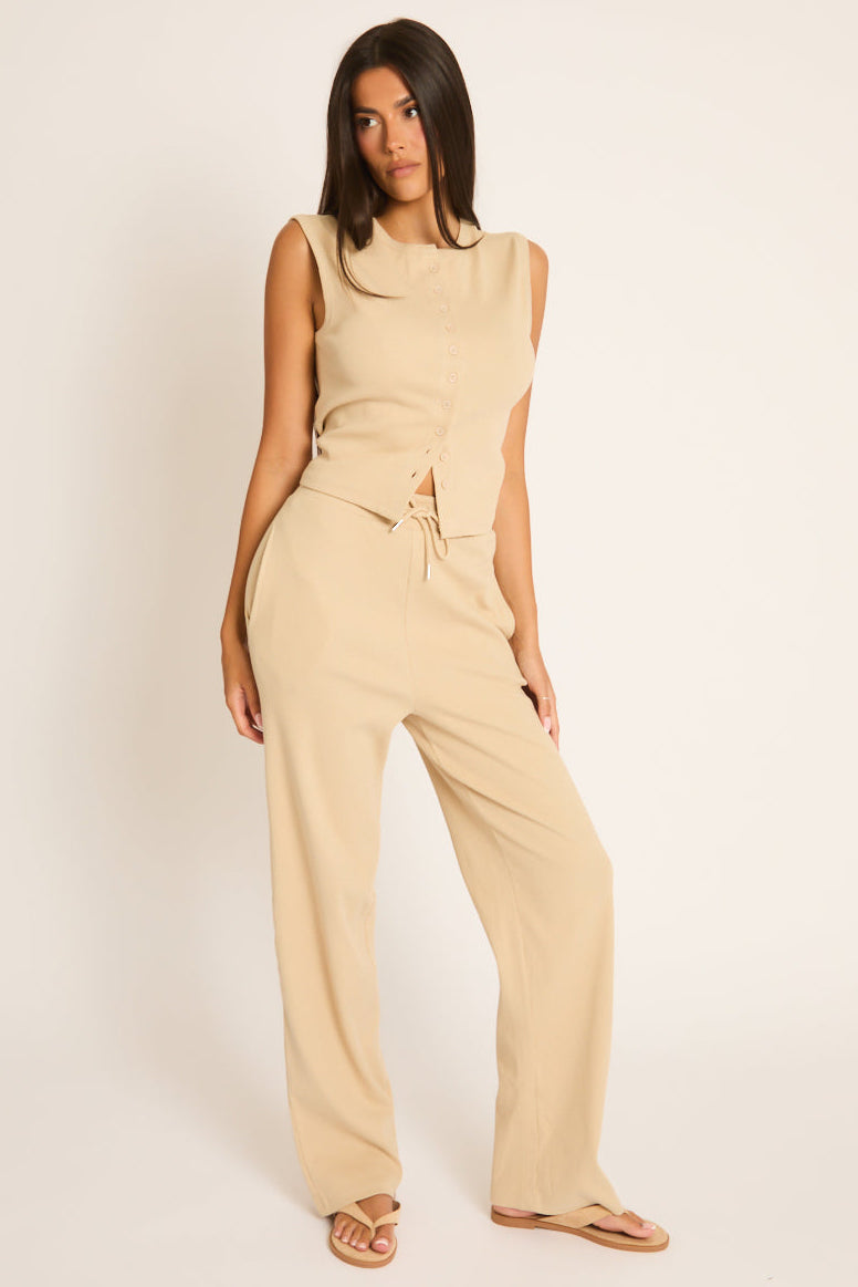 Beige Button Front Top and Trouser Loungewear Co-ord Set - Caitlen