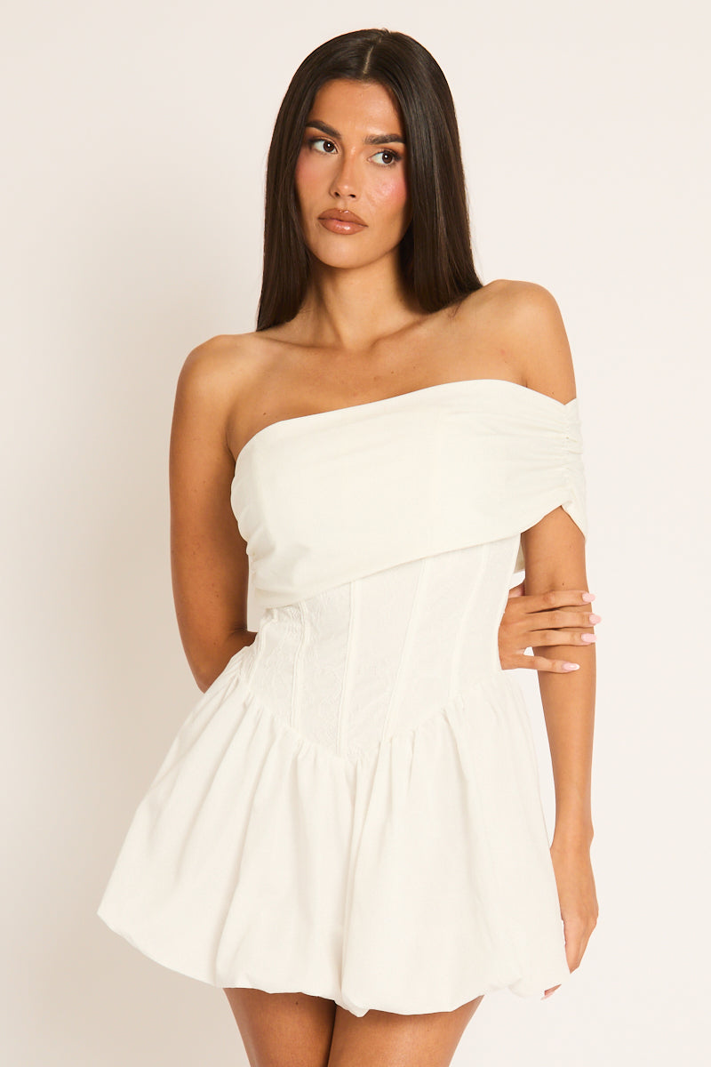 White Off Shoulder Corset Puffball Mini Dress - Anushka