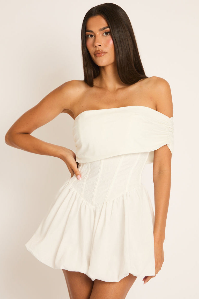 White Off Shoulder Corset Puffball Mini Dress - Anushka