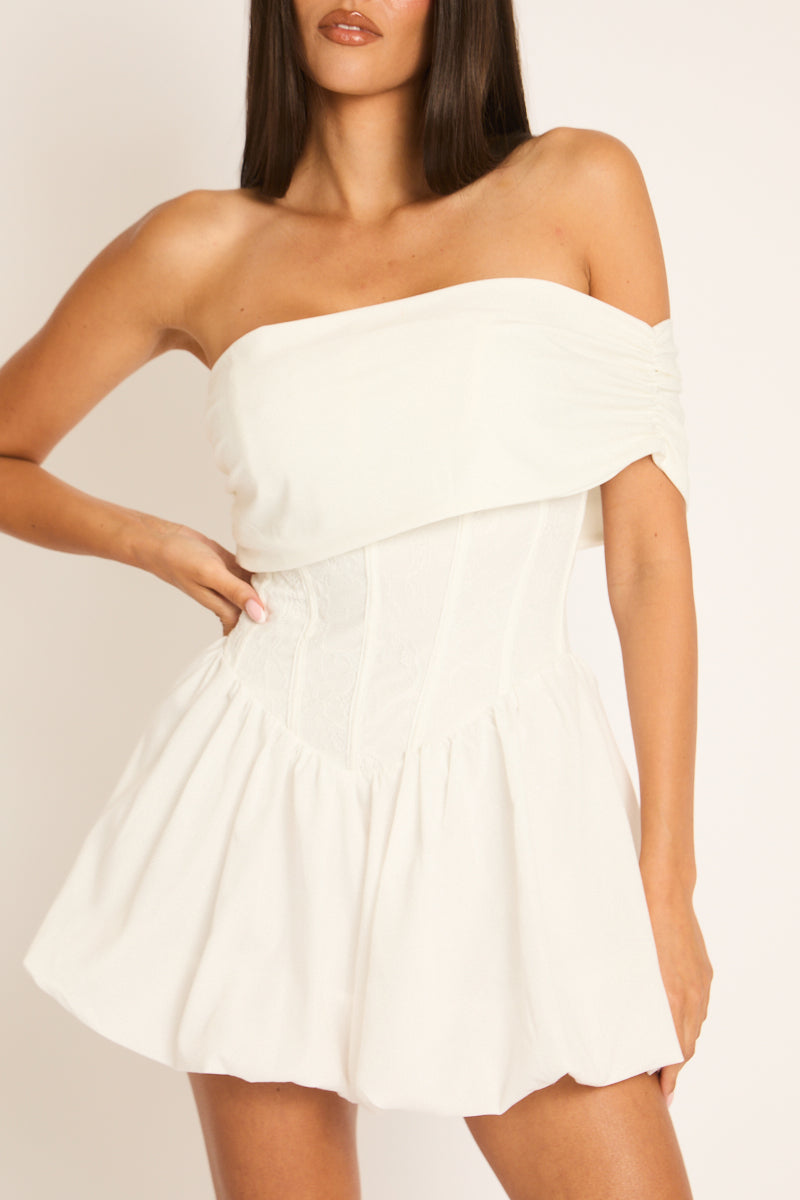 White Off Shoulder Corset Puffball Mini Dress - Anushka