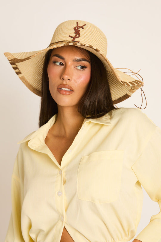 Beige Woven Logo Detail Floppy Sun Hat - Kenza