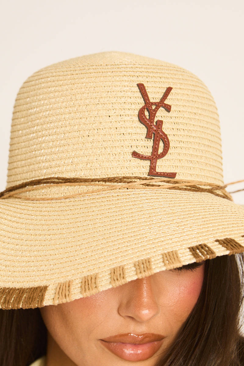 Beige Woven Logo Detail Floppy Sun Hat - Kenza