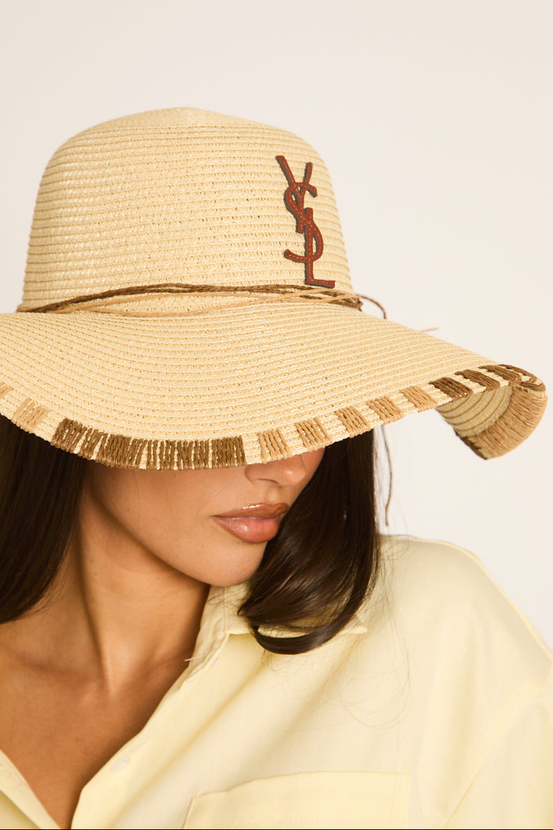Beige Woven Logo Detail Floppy Sun Hat - Kenza