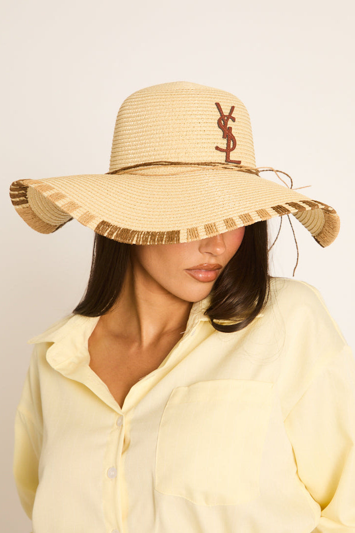 Beige Woven Logo Detail Floppy Sun Hat - Kenza