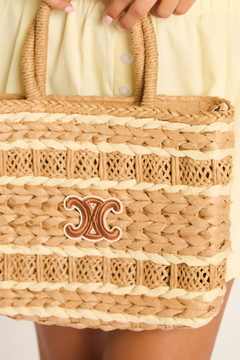 Beige Braided Woven Motif Raffia Tote Bag - Sheena