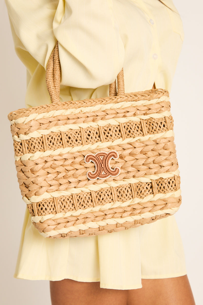 Beige Braided Woven Motif Raffia Tote Bag - Sheena
