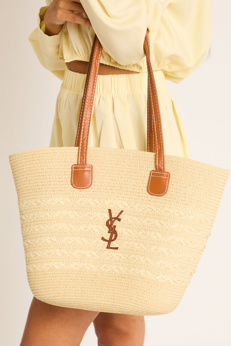 Beige Woven Logo Detail Tote Bag - Lacey