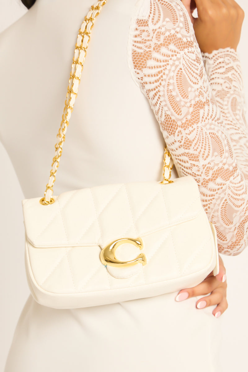 White Quilted Faux Leather Shoulder Bag - Zeta