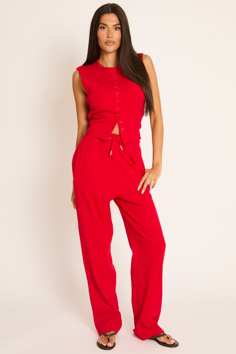 Red Button Front Top and Trouser Loungewear Co-ord Set - Caitlen