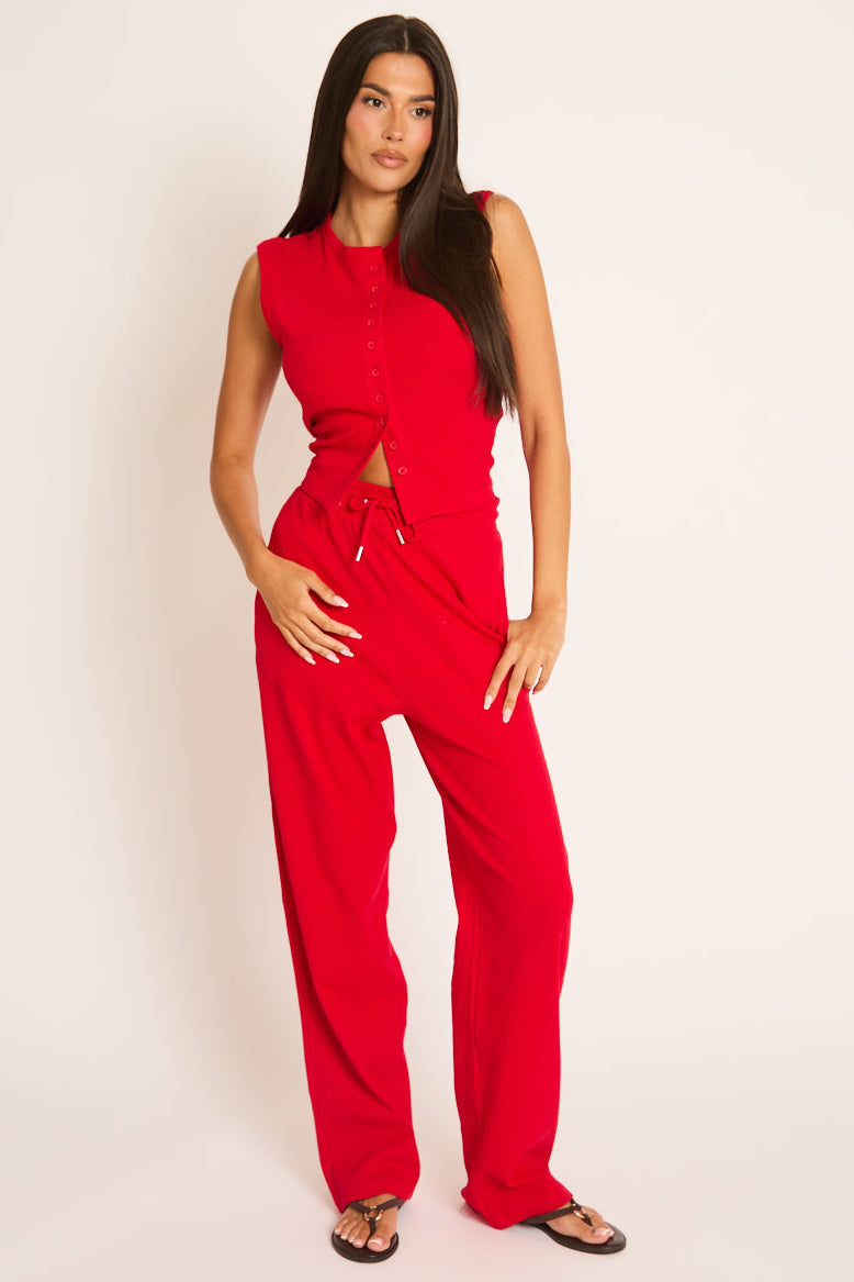 Red Button Front Top and Trouser Loungewear Co-ord Set - Caitlen
