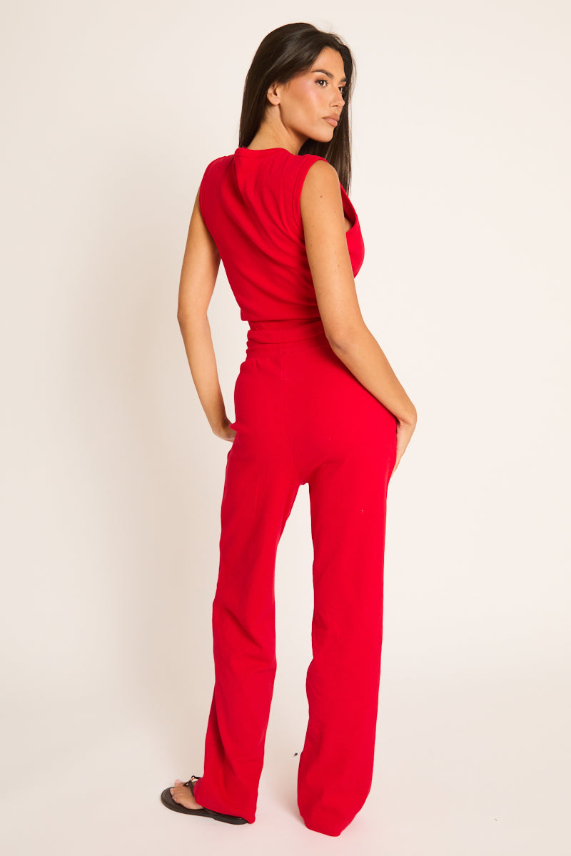 Red Button Front Top and Trouser Loungewear Co-ord Set - Caitlen