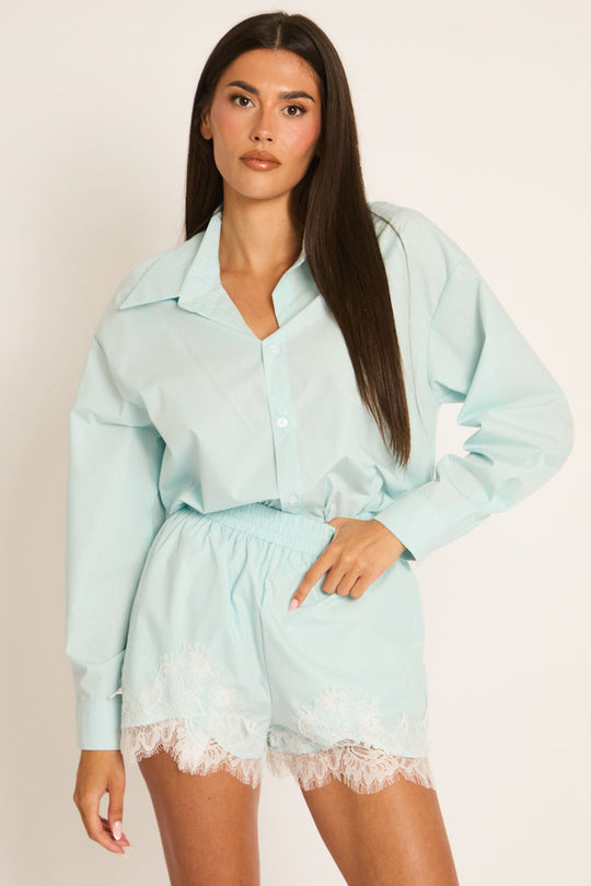 Blue Lace Trim Shirt and Shorts Co-ord Set - Deona