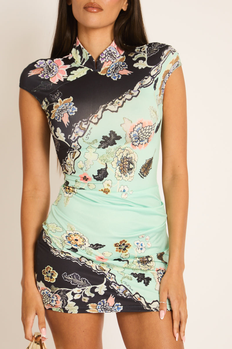 Black Multi Floral High Neck Mini Dress - Jaylene