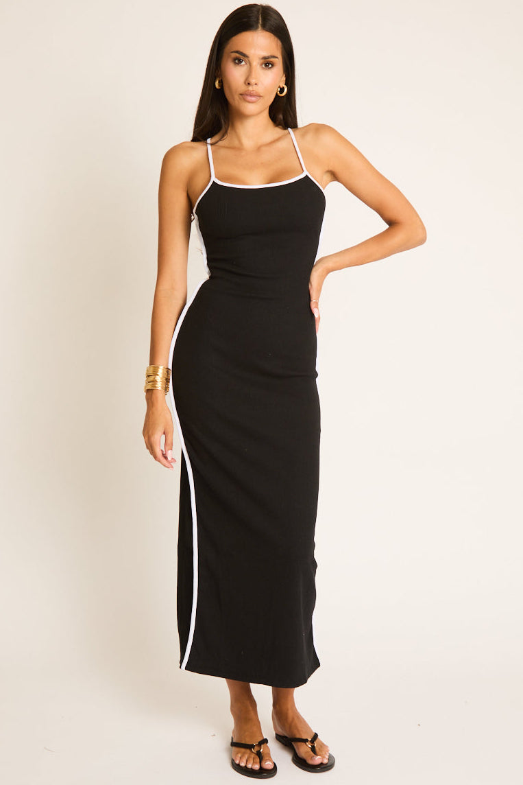 Black Rib Side Stripe Midaxi Dress - Elani