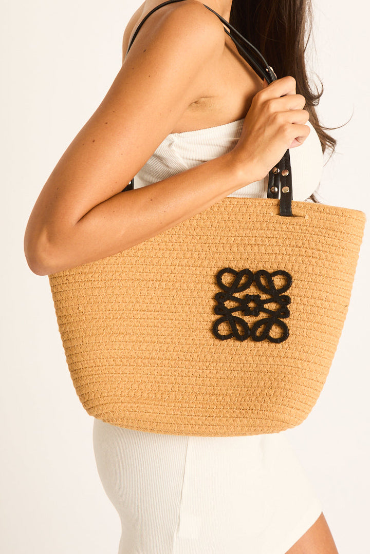 Beige Woven Logo Detail Beach Bag - Latoya