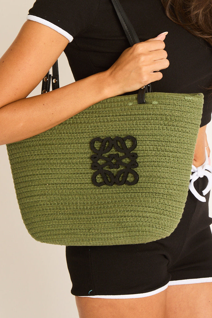 Khaki Woven Logo Detail Beach Bag - Latoya