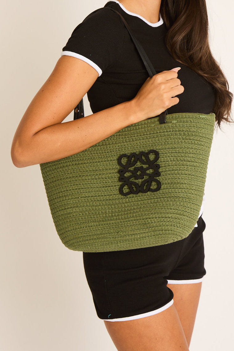 Khaki Woven Logo Detail Beach Bag - Latoya