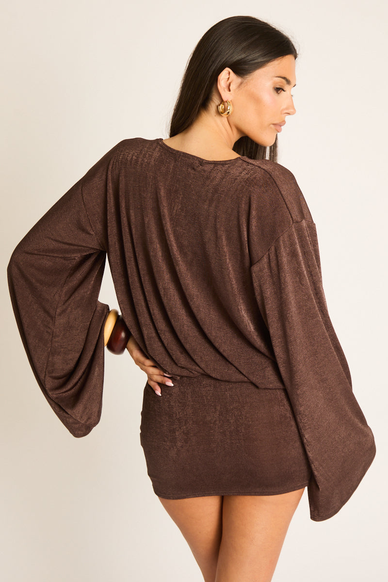 Chocolate Deep Plunge Blouson Mini Dress - Arlette