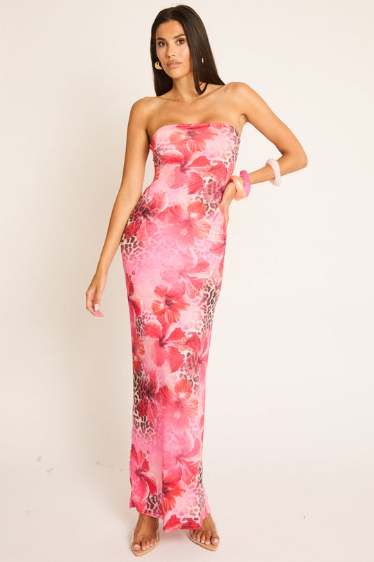 Pink Floral Leopard Bandeau Maxi Dress - Elora