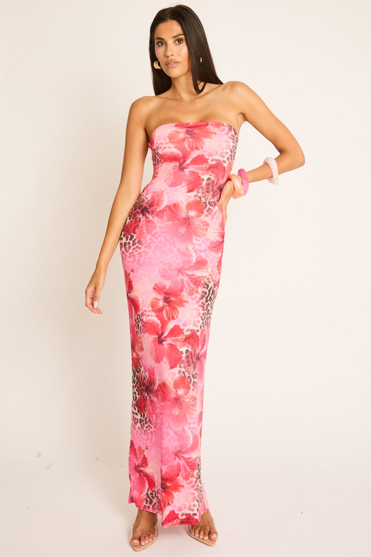 Pink Floral Leopard Bandeau Maxi Dress - Elora