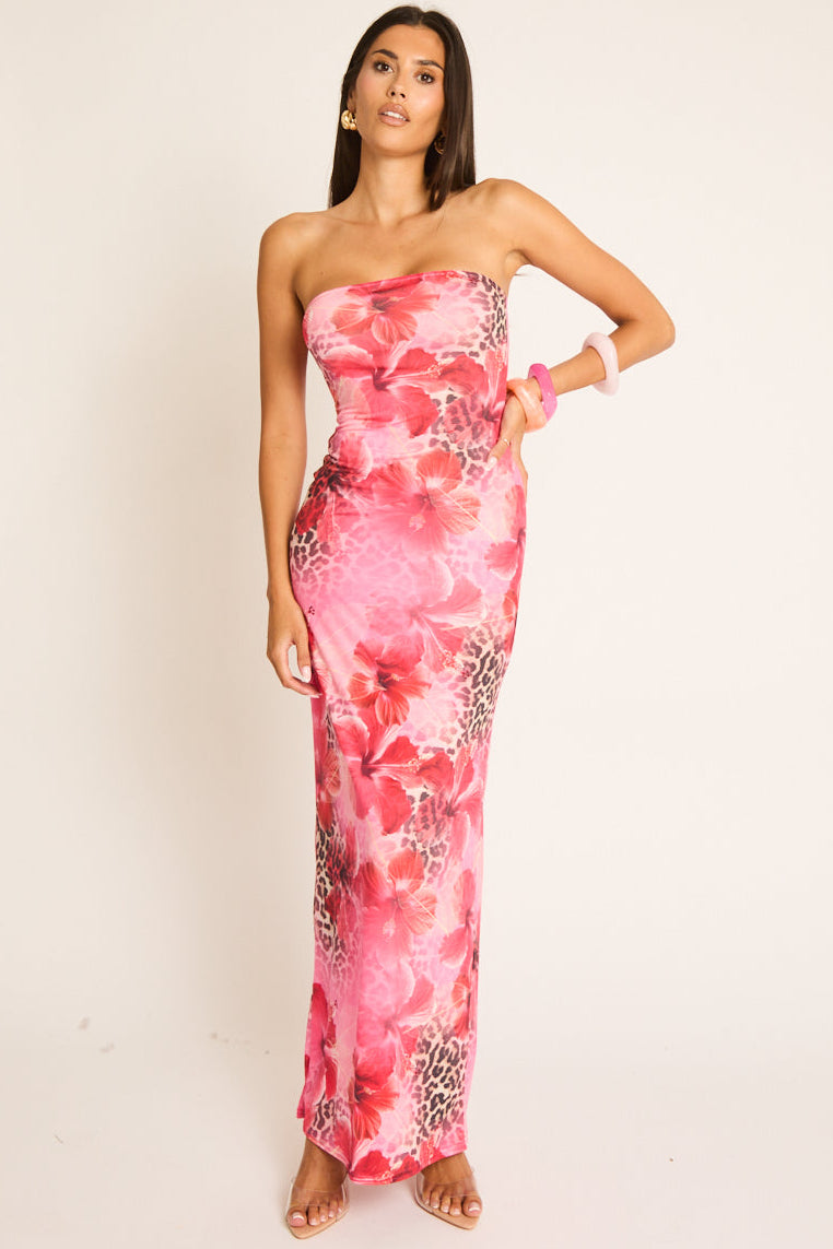 Pink Floral Leopard Bandeau Maxi Dress - Elora
