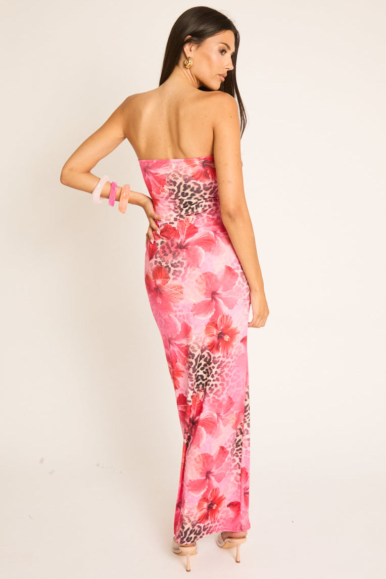 Pink Floral Leopard Bandeau Maxi Dress - Elora