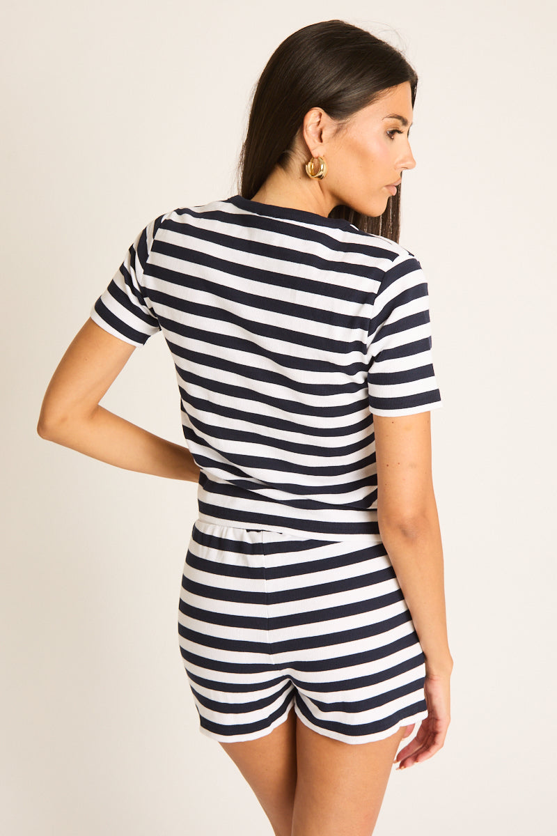 Navy Stripe Rib Button Top and Short Loungewear Co-ord Set - Carina