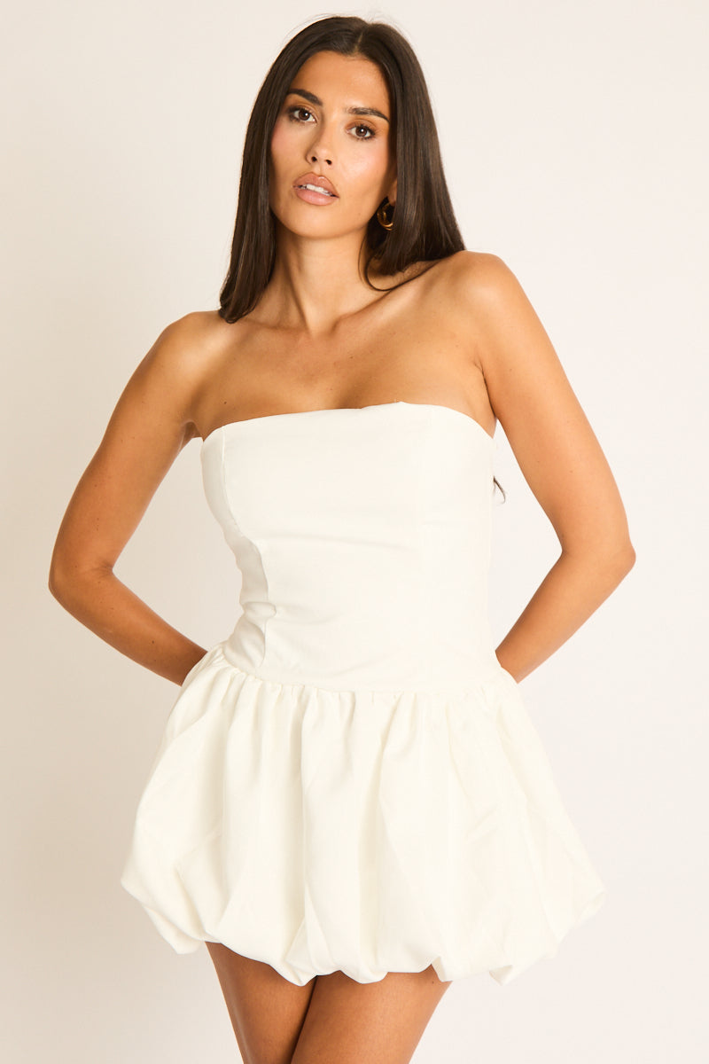 White Corset Tie Back Detail Puffball Mini Dress - Orella