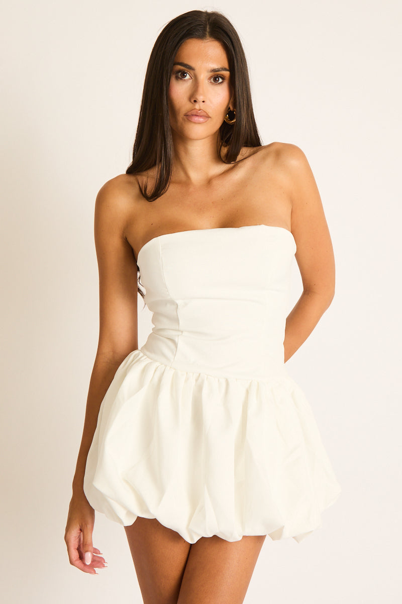 White Corset Tie Back Detail Puffball Mini Dress - Orella