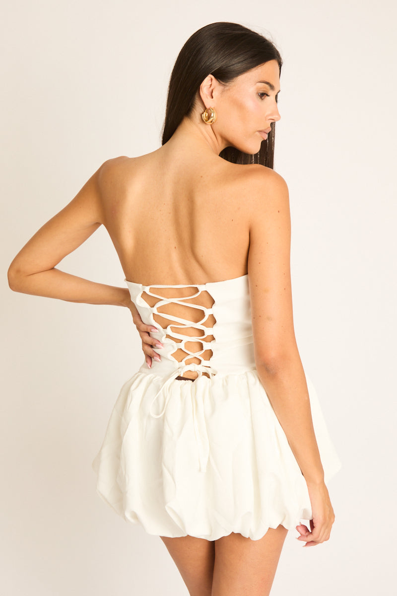 White Corset Tie Back Detail Puffball Mini Dress - Orella